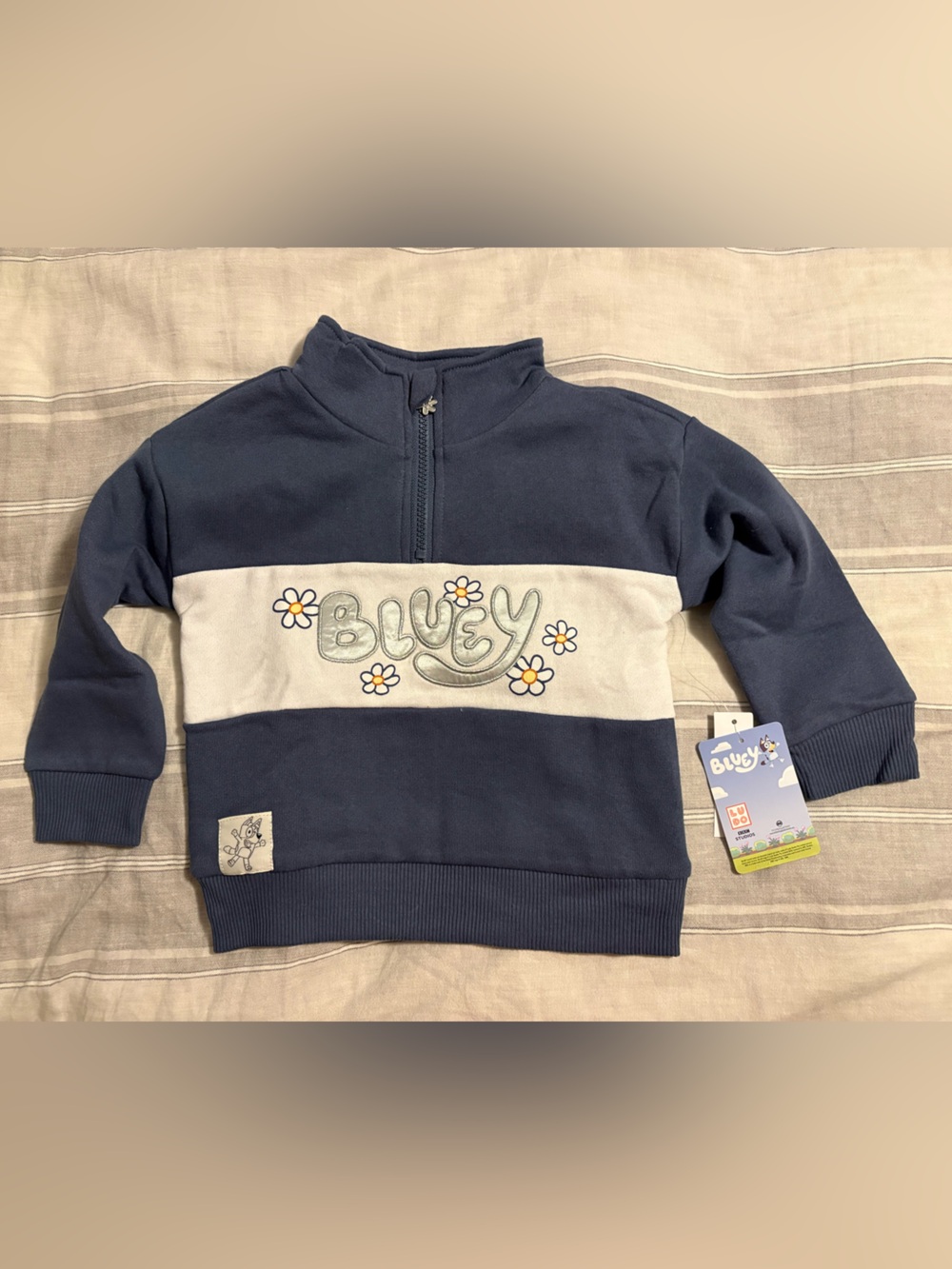 Bluey 3T Navy and Cream Quarter-Zip Pullover Sweatshirt NWT